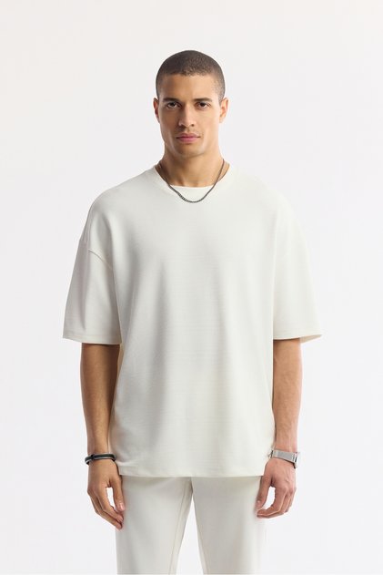 Men's White Crew Neck Jacquard Oversize Fit T-Shirt A51Y1091