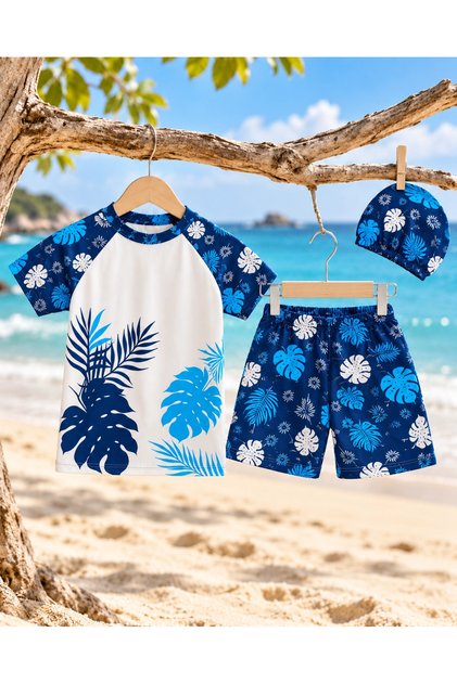 Boy's Blue Hat Swimsuit Set - 3 Pieces