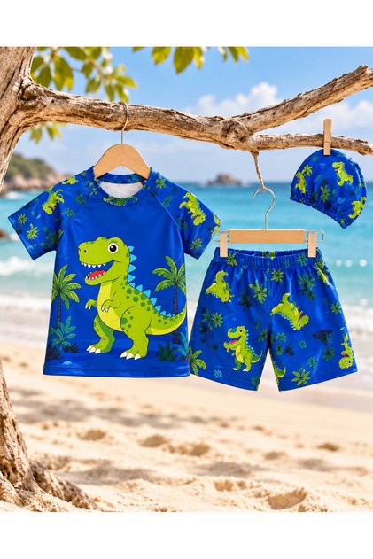Boys Dinosaur Patterned Swimwear Set 3 Pieces Uv Protection T-Shirt Shorts Cap Blue
