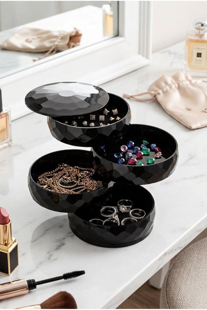 4 Tiers Round 360 Degree Rotatable, Diamond Jewelry Organizer BLACK