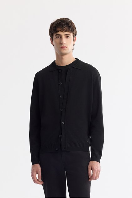 Men's Black Polo Collar Buttoned Rayon Non-Pilling Knitwear Regular Fit Cardigan A51Y5008