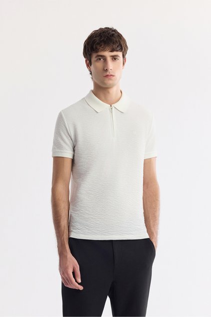 Men's White Polo Neck Textured Jacquard Regular Fit T-Shirt A51Y1019
