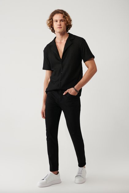 Men's Black Rinse Washed Stretch Cotton Berlin Slim Fit Jean Pants A41Y3513