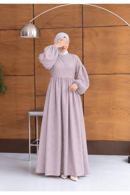 Brown Gingham Patterned Seersucker Fabric Hijab Dress with Waist Tie