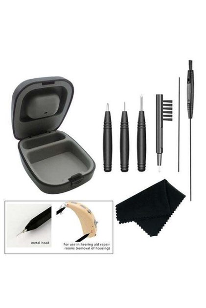 Kit profesional de curățare pentru aparate auditive, format din 8 piese, negru