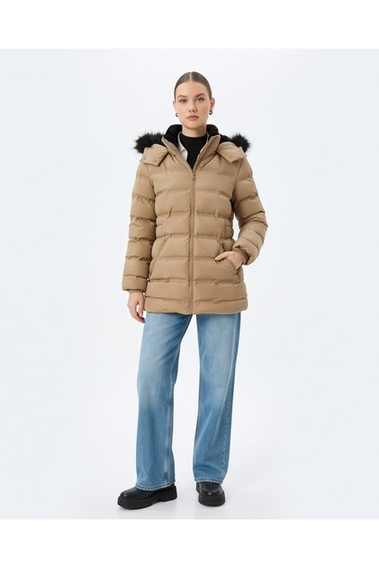 Inflatable Coat with Hood, Faux Fur Collar, Pockets and Zipper