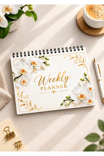 White Orchid Themed Weekly (Annual) Irregular Planner 104 Pages A5 Metal Spiral Bound Cardboard Cover White Orchid Themed Weekly (Annual) Irregular Planner