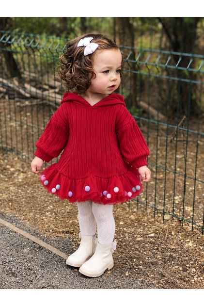 Candy Pompom Hooded Puffy 100% Cotton Bow Baby Girl Dress