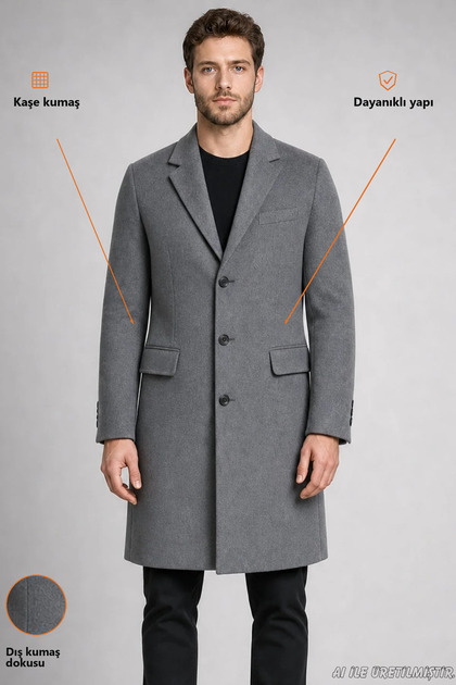 Men's Gray Slim Fit Cashmere Coat Classic Collar 3 Button Long Cut Winter Overcoat