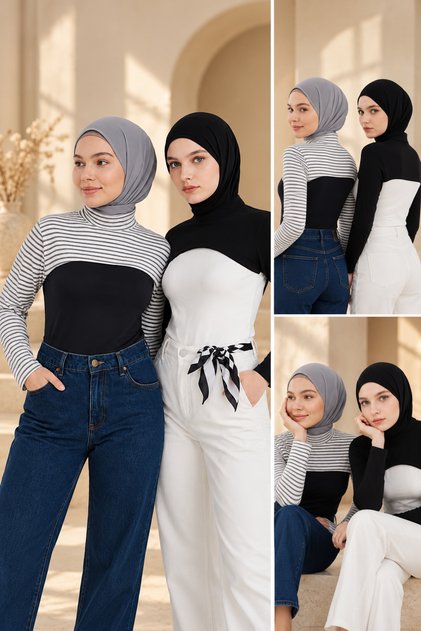Set de 2 mâneci cu guler cervical simplu și cu dungi mâneci negru și alb Body Long Sleeve Underwear Sleeve