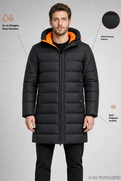 Men's Wind and Waterproof Hooded, Orange Lined Long Winter Puffer Black Coat & Parka