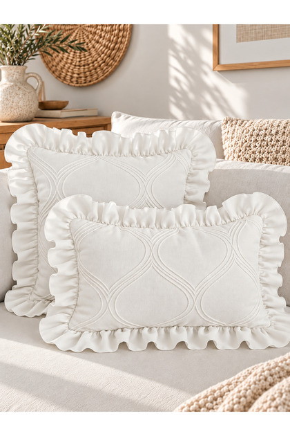 Embroidery Detailed Ruffled Ecru Throw Pillow Cover 1 Piece
