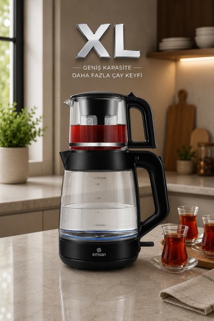 Glass Tea XL 2 in 1 Cam Çay Makinesi ve Kettle Shiny Black