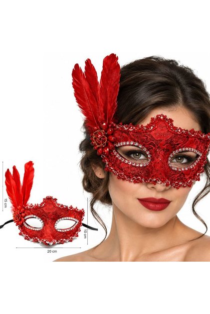 Halloween Kırmızı Renk Taşlı Tüylü Ortası Dantelli Wedding Maskesi Arkadan Bağlamalı 1 Ade