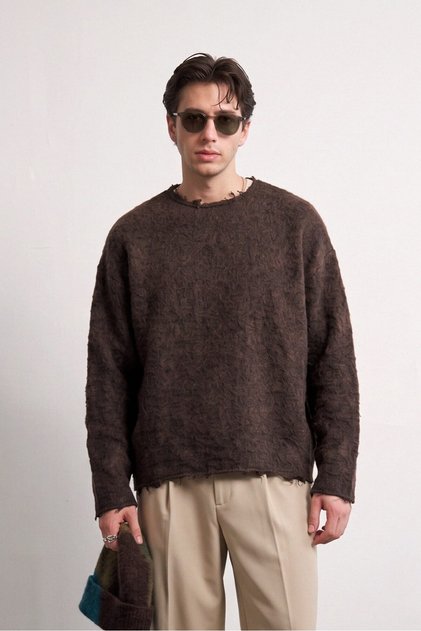 Men's Oversize Textured Dirty Collar Sweater Brown