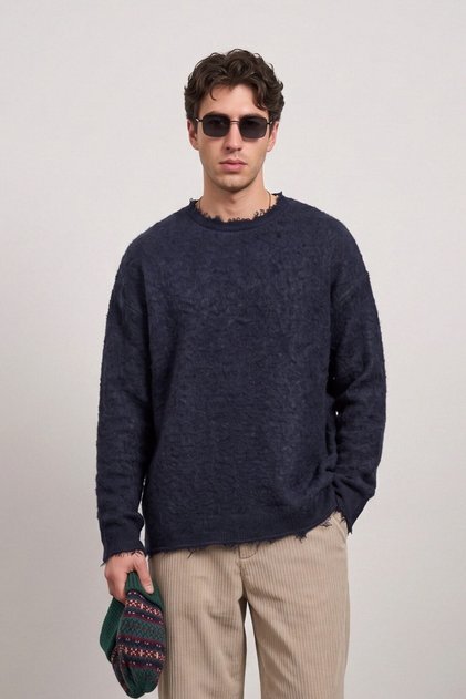 Men's Oversize Textured Dirty Collar Sweater Navy Blue