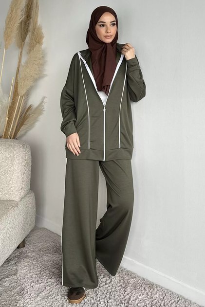 Front Zipper Striped Tunic with Elastic Waist Pants, Islamic Clothing Two-Piece Set