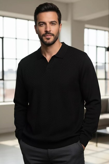 Men's Polo Neck Self-Patterned Knit Sweater