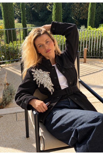 Silver Embroidered Black Color Jean Jacket