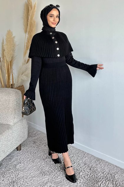Pleated Hijab Knitwear Dress with Cape