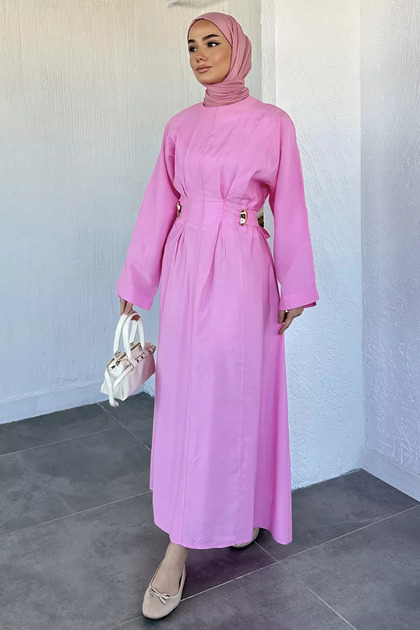 Pleated Hijab Dress with Gold Buckle Detail and Waist Belt