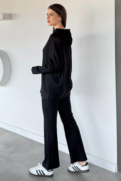 Hooded Ribbed Sweat Pants Double Set