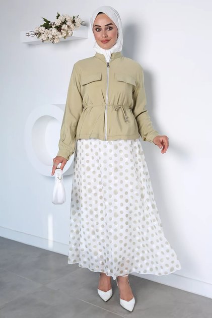 Waist Tie Detailed Jacket Polka Dot Elastic Waist Skirt Hijab Double Set