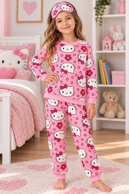 Girl's Cotton Pink Cute Character Patterned Long Sleeve Seasonal Pajama Set