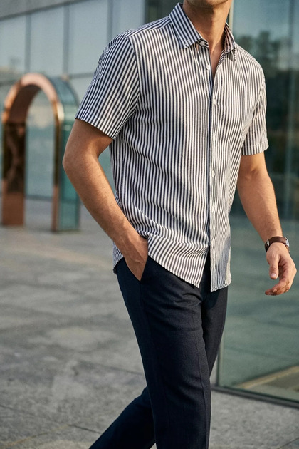 Men's Striped Short Sleeve Linen Shirt