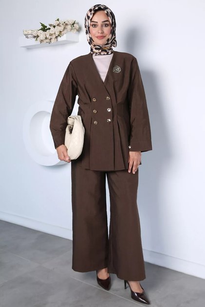 Button Detailed Jacket and Pants Hijab Double Set