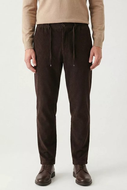 Men's Velvet Trousers with Elastic Waist and Self-Line Pattern