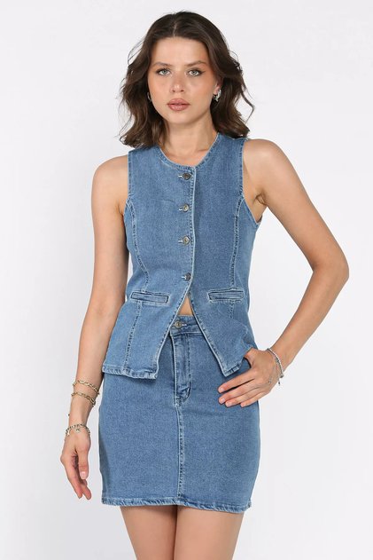 Jean Kot Vest Skirt Double Set