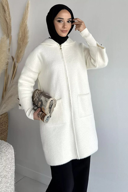 Gülseli Hooded Double Pocket Front Zipper Hijab Knitwear Cardigan