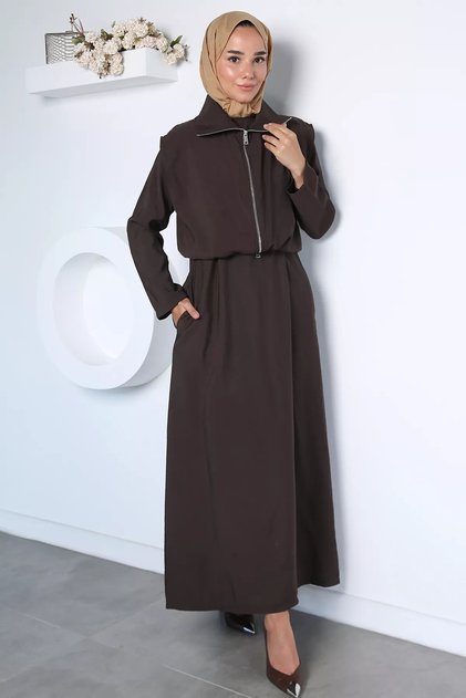 Long Sleeve Dress with Elastic Waist and Zippered Vest, Islamic Clothing, Two-Piece Set