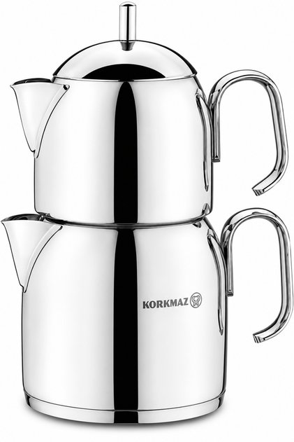 Stainless steel teapot (Perla) with a distinctive design, consisting of two pieces. / A281