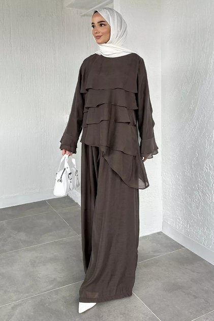 Lined Layered Detailed Blouse and Pants Hijab Double Set