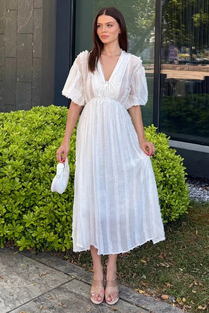 Women's V-Neck Dress with Elastic Waist and Front Tie Detail