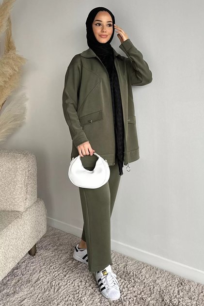 Front Zippered Tunic, Elastic Waist Pants, Islamic Clothing Double Set