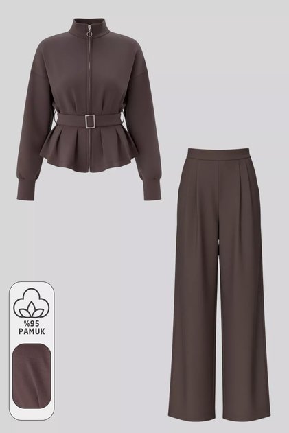 Women's Belt Detailed Jacket and Elastic Waist Pants Double Set
