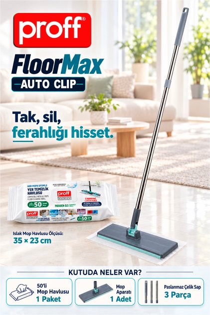 FloorMax Click Akıllı Mop Seti Paslanmaz Çelik Saplı Mandal Sistemli Mop + 50'li Islak Temizlik Havlusu