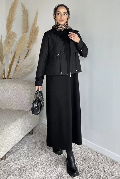 Crew Neck Hijab Dress Jacquard Jacket Double Set