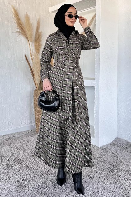 Gülseli Plaid Patterned Waist Tie Hijab Dress