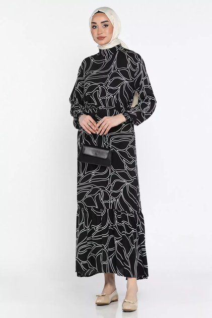 Patterned Hijab Viscose Dress with Waist Tie