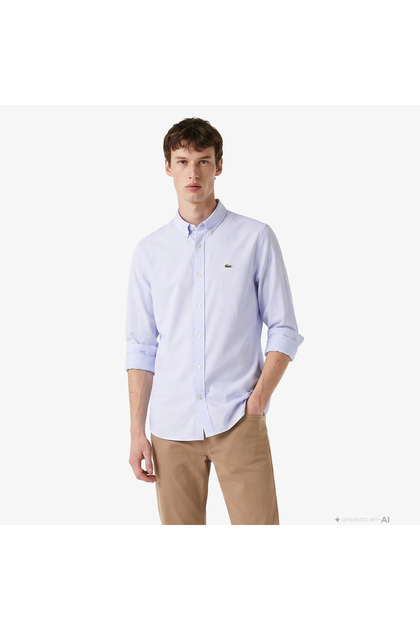 Erkek Slim Fit Düğmeli Yaka Mavi Gömlek