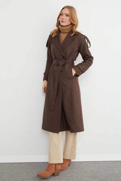 Long Trench Coat with Belted Sleeves and Shoulder Detail