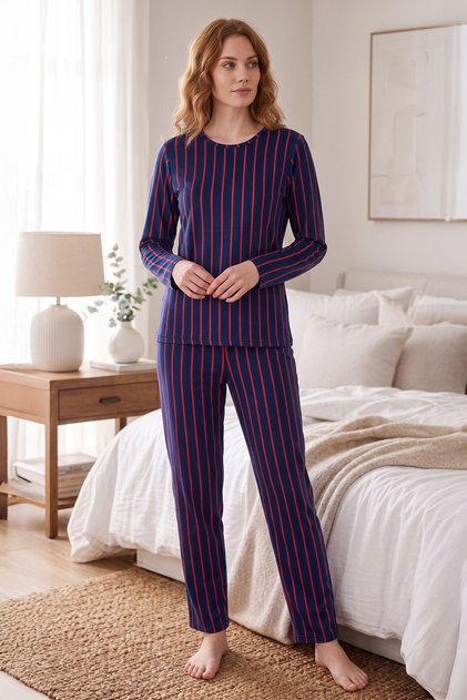 Çizgili Bisiklet Yaka Süet Pijama Takımı