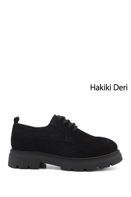 Women's Black Suede Lace-Up Genuine Leather Shoes