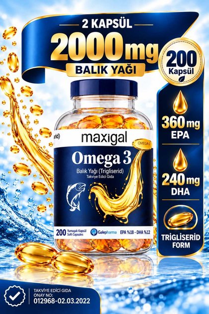 Omega 3 Balık Yağı 2000mg Takviye Edici Gıda 200 Kapsül