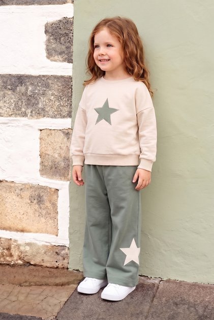Star Embroidered Crew Neck Girls' 2-Piece Set