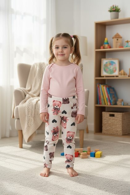 Pantaloni de pijama din fleece pentru fete cu model de ursuleț și talie elastică